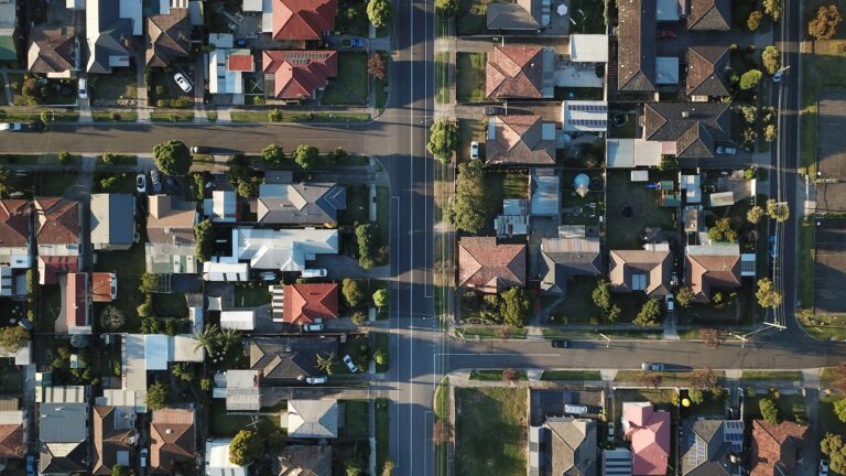 Aerial view of suburban houses and streets