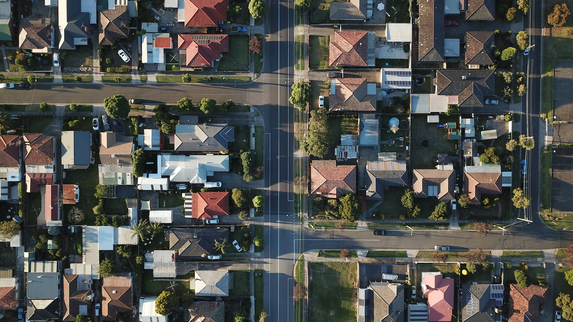 Aerial view of suburban houses and streets